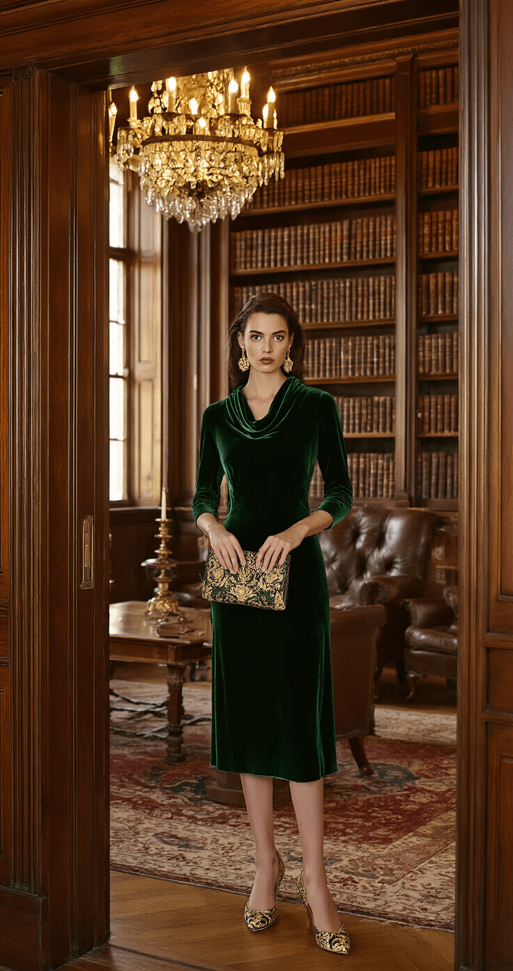 Model in a forest green velvet column dress stands in a warmly lit historic mansion library, framed by an ornate doorway. Antique gold chandelier earrings and vintage-inspired gold brocade pumps accent her look, while rich wooden bookshelves and leather furnishings create a cozy backdrop. An embroidered clutch adds a finishing touch to her elegant ensemble.