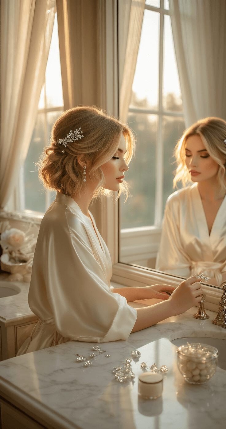 A bride with a chin-length blonde bob sits at a stylish vanity in a sunlit bridal suite, partially styled hair with crystal hairpins around her, reflecting soft waves and a pearl accessory, wearing a cream silk robe.