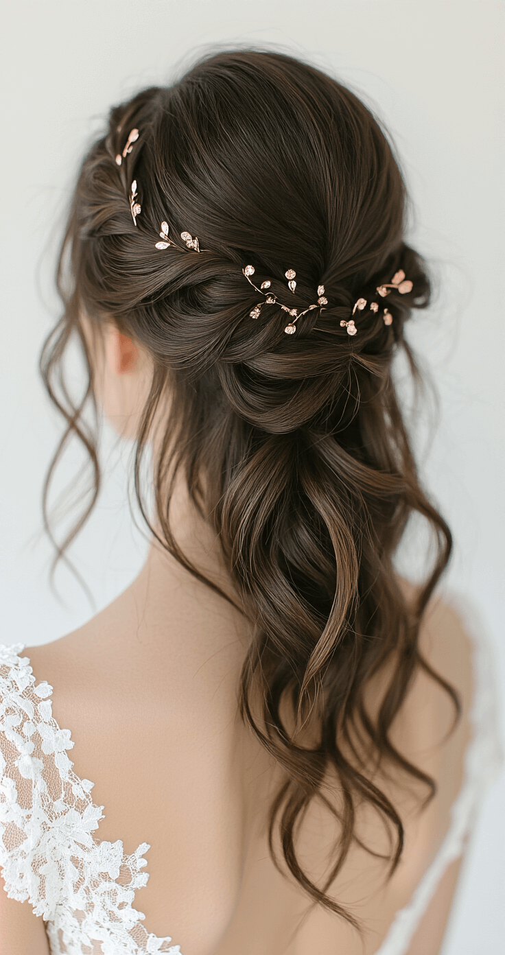 Close-up beauty shot of a brunette bride with a half-up braided crown hairstyle, captured from behind at a 45-degree angle in a minimalist white photography studio, featuring diffused afternoon light and subtle rose gold bobby pins, wearing an off-white lace dress.