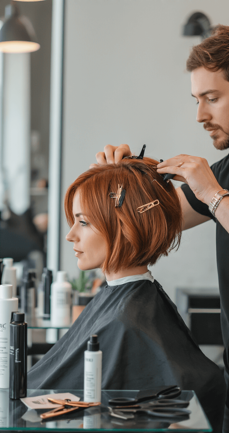 A wide shot of a modern salon interior featuring industrial-chic elements, with a hairstylist working on a copper-toned short bob using professional clips, surrounded by artfully arranged hair products and styling tools on a glass workspace, illuminated by mid-morning light.