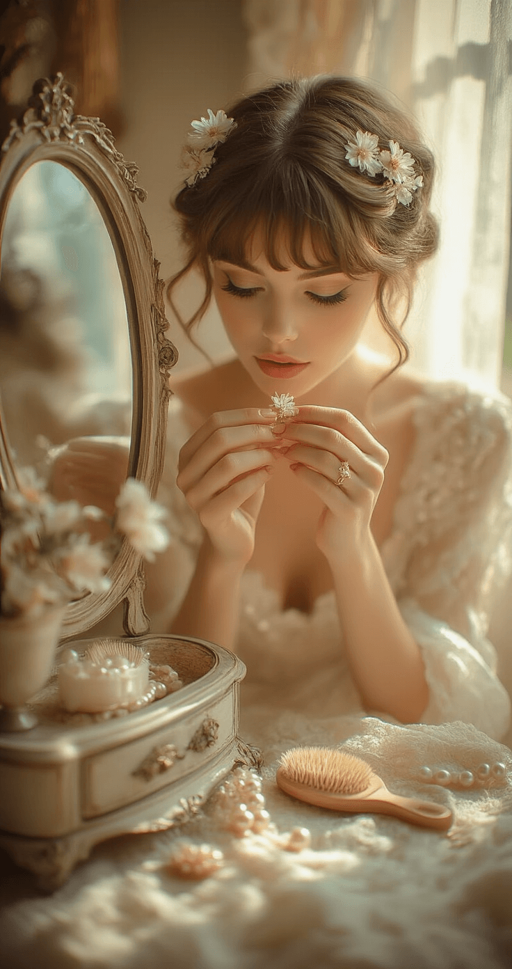 Close-up of hands arranging delicate floral hair pins in a textured half-up pixie cut, surrounded by vintage brush set and pearl accessories in a softly lit vintage-inspired bedroom.