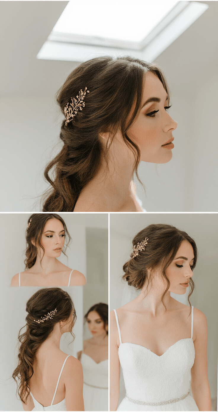 A bride with a chocolate brown lob showcases an intricate twisted half-up hairstyle adorned with a minimalist gold hair comb, reflected in a mirror within a contemporary bridal boutique illuminated by bright natural light from a skylight. The frame also captures her elegant white bridal gown, all presented in an editorial photography style with clean composition.