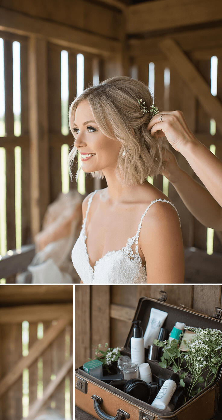 A bridesmaid styles the bride's silver-blonde hair into a half-up arrangement with fresh flowers in a rustic barn, bathed in filtered morning light. A vintage suitcase filled with styling products is visible in the background.