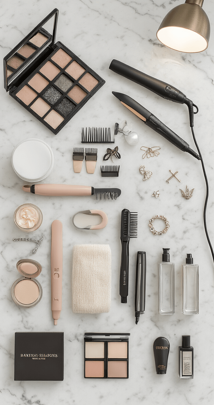A luxury hotel suite bathroom featuring a marble counter adorned with a complete bridal hair styling kit, including sectioning clips, a curling wand, hairspray, and decorative pins, complemented by soft artificial and natural window light. Short hair inspiration photos are visible in the corner, captured in a high-detail commercial product photography style.