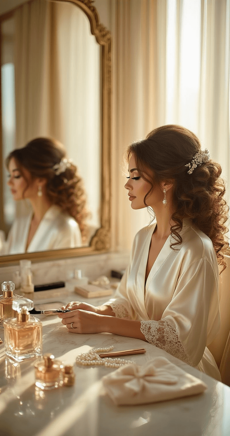 Bridal preparation scene in a sunlit luxury hotel suite, featuring a bride with natural 3C curls being styled at an elegant vanity, wearing a silk ivory robe with lace trim; the setting includes marble countertops adorned with crystal perfume bottles and pearl hair accessories, bathed in soft golden morning light.