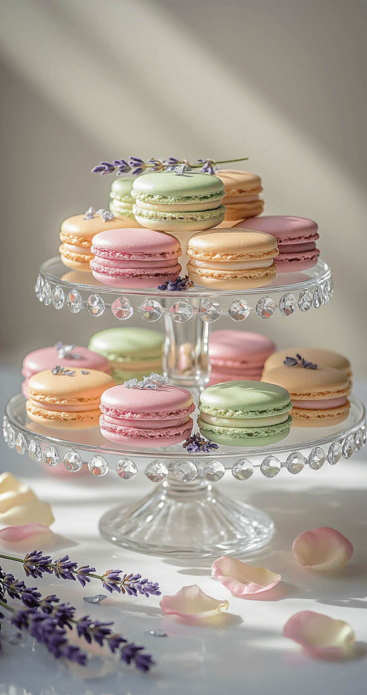 Close-up of pastel-colored macarons artfully arranged on a mirrored tiered stand, embellished with fresh lavender and edible silver leaf, illuminated by soft natural light with crystal cake stands reflecting highlights and delicate rose petals scattered between layers.