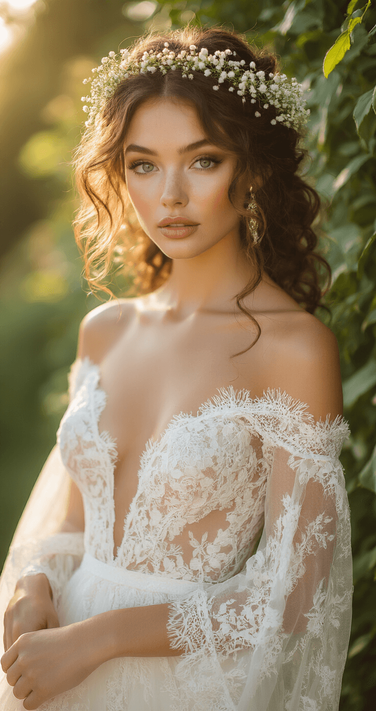 Bride with defined 4A curls crowned with baby's breath flowers, wearing an ethereal off-shoulder bohemian lace gown, stands in a lush outdoor garden during magic hour. The warm golden sunset light highlights her hair as she poses amidst greenery, capturing the flowing movement of her dress in a wide-angle shot.