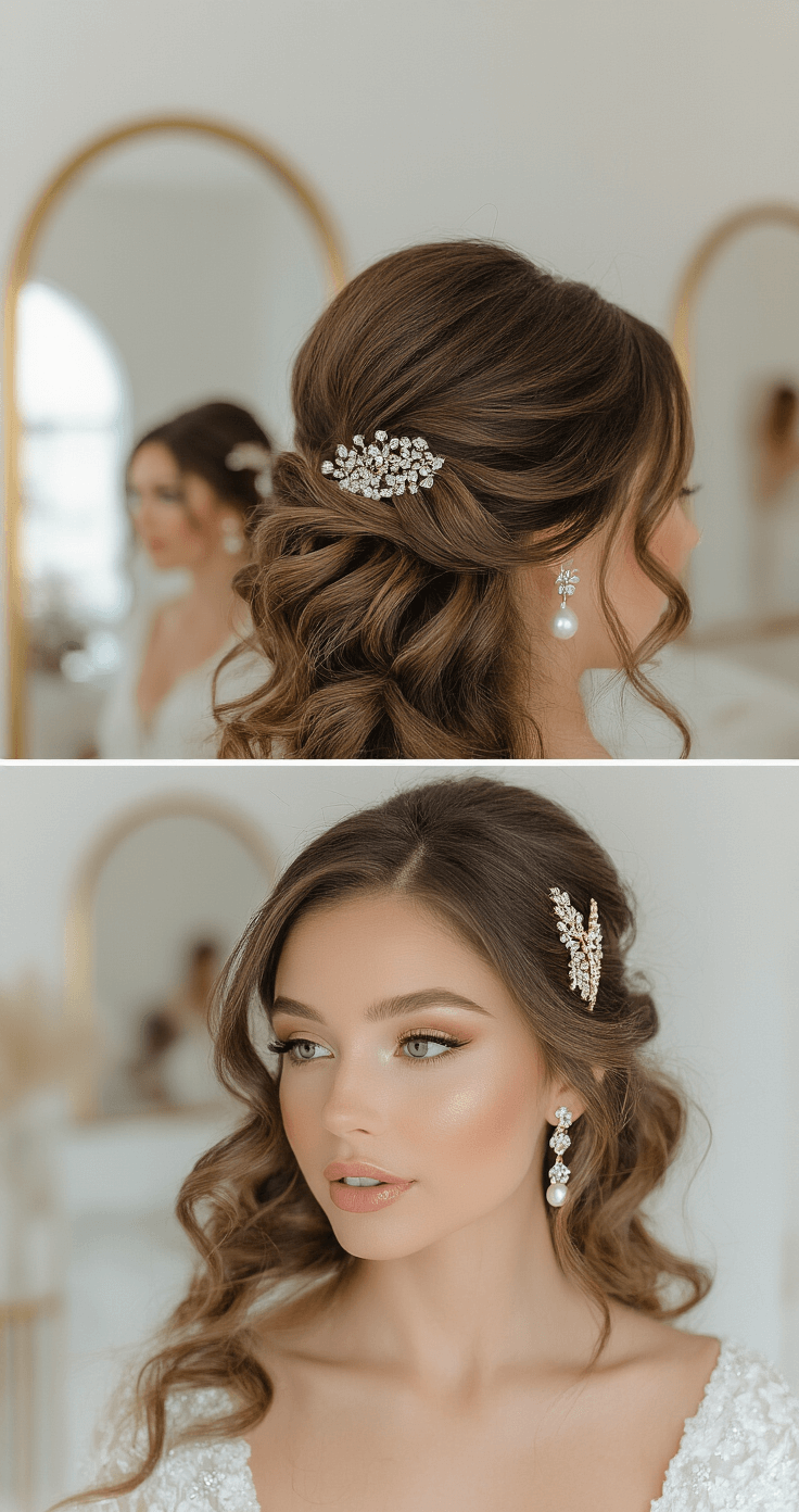 A close-up of a bride with 3B curls being styled into a glamorous side-swept look in a modern bridal boutique, featuring clean white decor and brass accents. The professional stylist uses gold-plated tools and luxury products, while the bride wears pearl drop earrings and crystal-embellished hair clips. Soft studio lighting highlights the curl pattern and accessory placement.