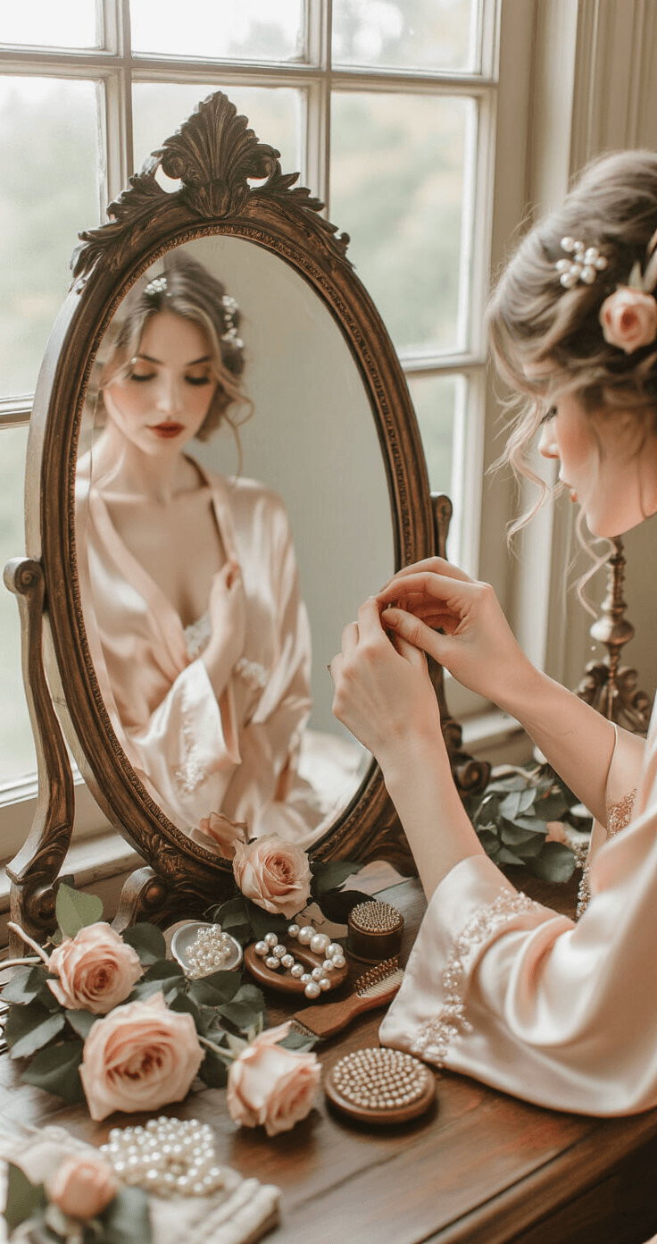 A close-up detail shot of a bride's hands working through her textured low bun with 3A curls in a vintage-inspired boudoir setting, featuring an antique vanity with ornate mirror, scattered roses, pearl hairpins, and soft diffused window light. The color palette includes dusty rose, antique gold, cream, and muted burgundy.