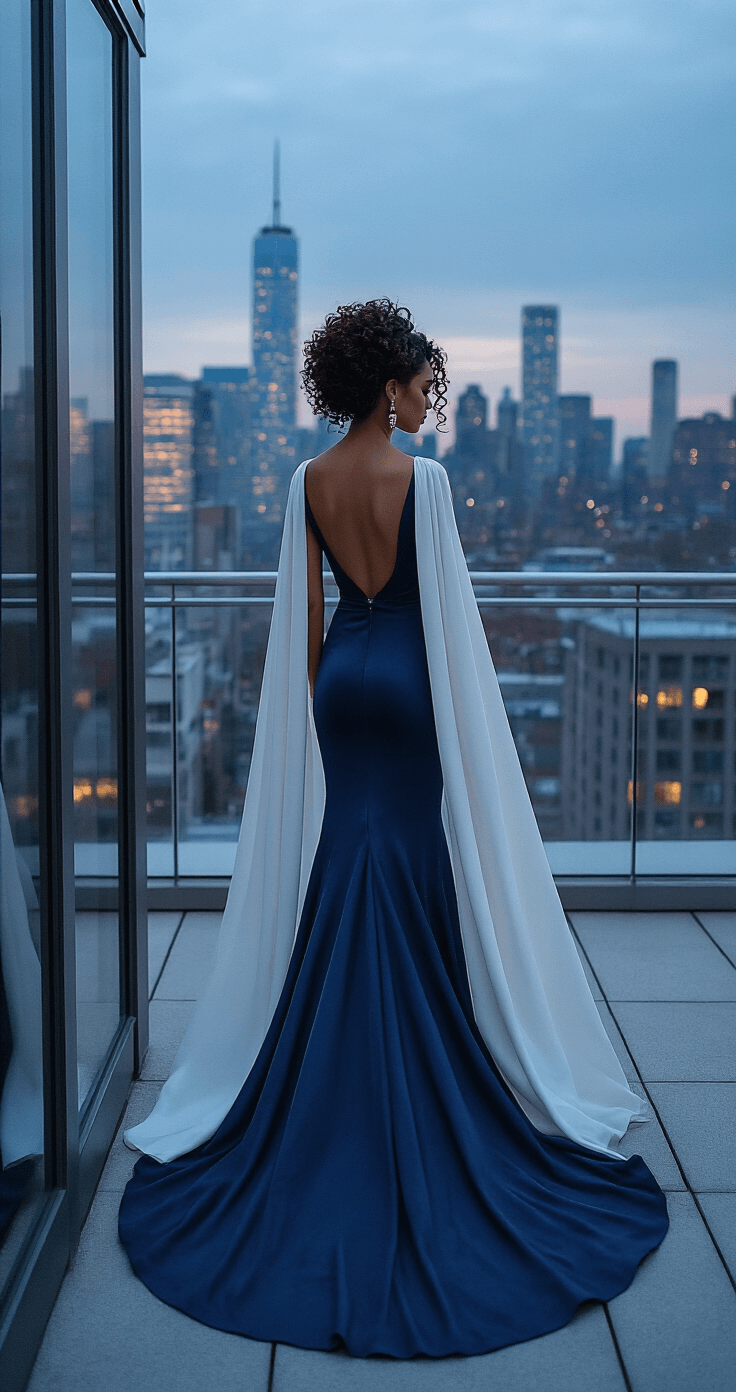 Bride with 4B curls in an elegant updo and dramatic column dress with cape, posing against a city skyline on a contemporary rooftop terrace during blue hour, with professional lighting highlighting her natural texture in a sophisticated urban setting featuring glass and steel elements.