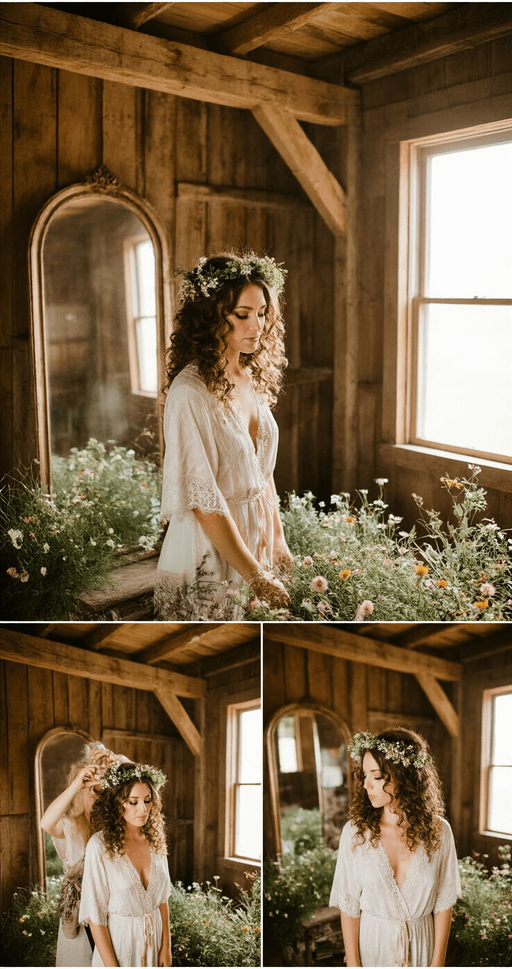 A bride with 3C curls adorned with a bohemian flower crown, wearing a lace-trimmed robe, stands in a rustic barn with exposed wooden beams. Vintage mirrors and scattered wildflowers are visible, as natural light streams through the windows, highlighting her hair in a candid, documentary-style shot filled with warm browns, forest green, and wildflower pastels.