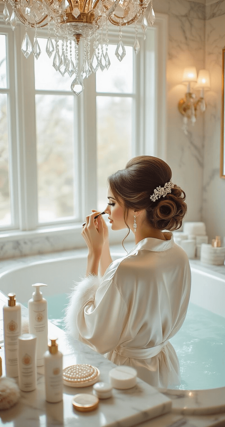 A luxurious bridal suite bathroom featuring marble surfaces and a crystal chandelier, where a bride with 4A curls applies the final touches to her glamorous updo amidst luxury hair products and pearl accessories. She wears a designer silk robe with feather trim, surrounded by soft lighting enhanced by natural light from frosted windows.