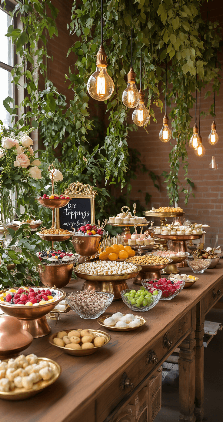Wide-angle view of an elegant dessert bar featuring vintage wooden tables, gold-rimmed displays, and DIY toppings in crystal bowls. The setup includes fresh fruit in copper vessels and handwritten signs, all illuminated by warm Edison bulbs and adorned with green garlands.