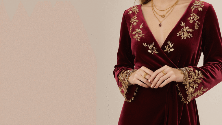 Burgundy velvet dress paired with gold accessories, perfect for an autumn wedding guest outfit, displayed on a clean background.
