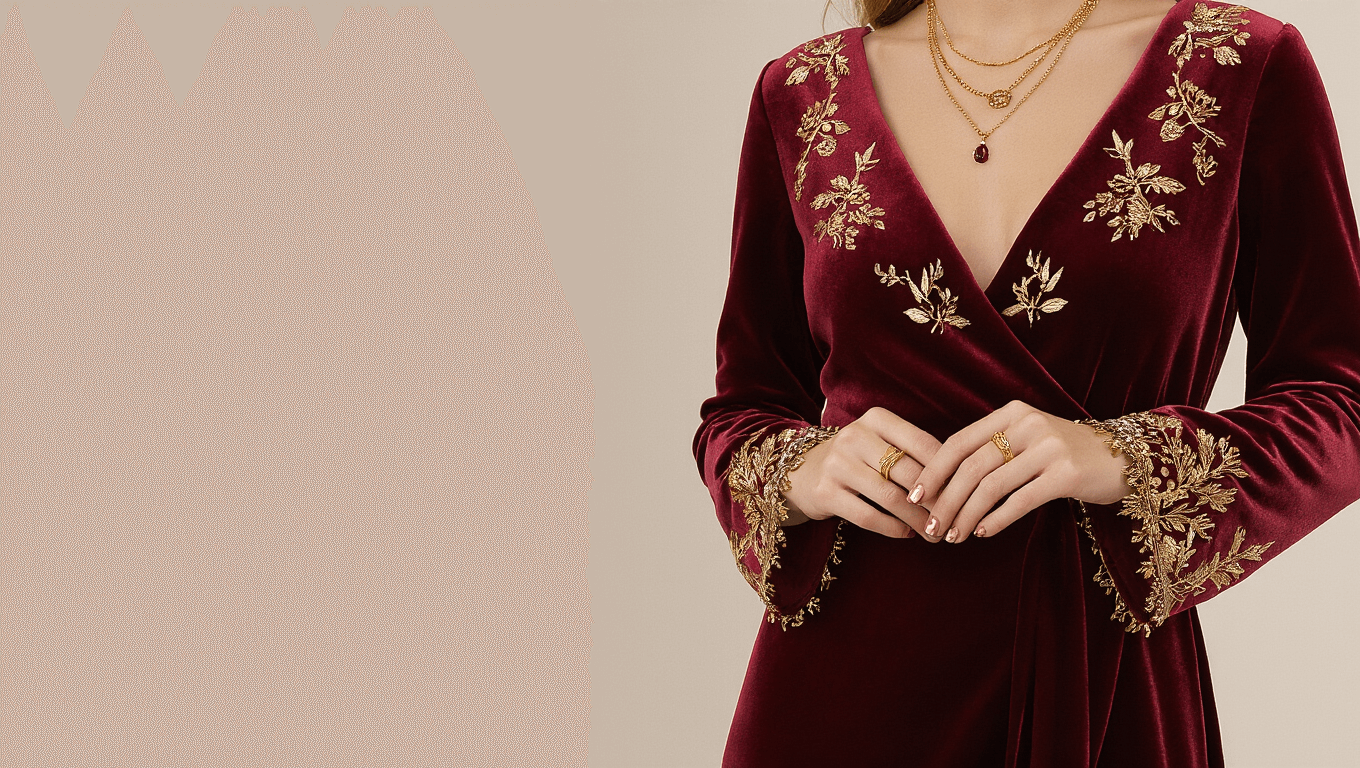 Burgundy velvet dress paired with gold accessories, perfect for an autumn wedding guest outfit, displayed on a clean background.