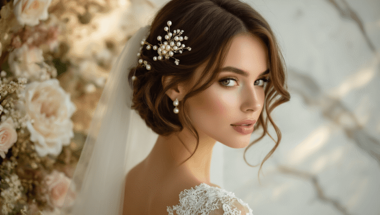 A bride with a chic bob hairstyle featuring pearl hair clips and soft curls, set against a clean white marble background, with warm golden lighting, luxurious silk and lace textures, and floral accents.