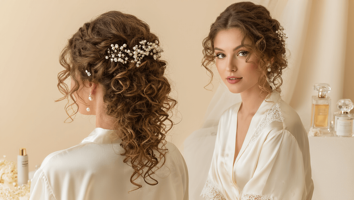 Elegant bride with natural 3C curls in a romantic half-up hairstyle, featuring pearl hair clips and baby's breath flowers, wearing an ivory silk robe, set against a cream background with luxury hair products and crystal perfume bottles in warm morning light.