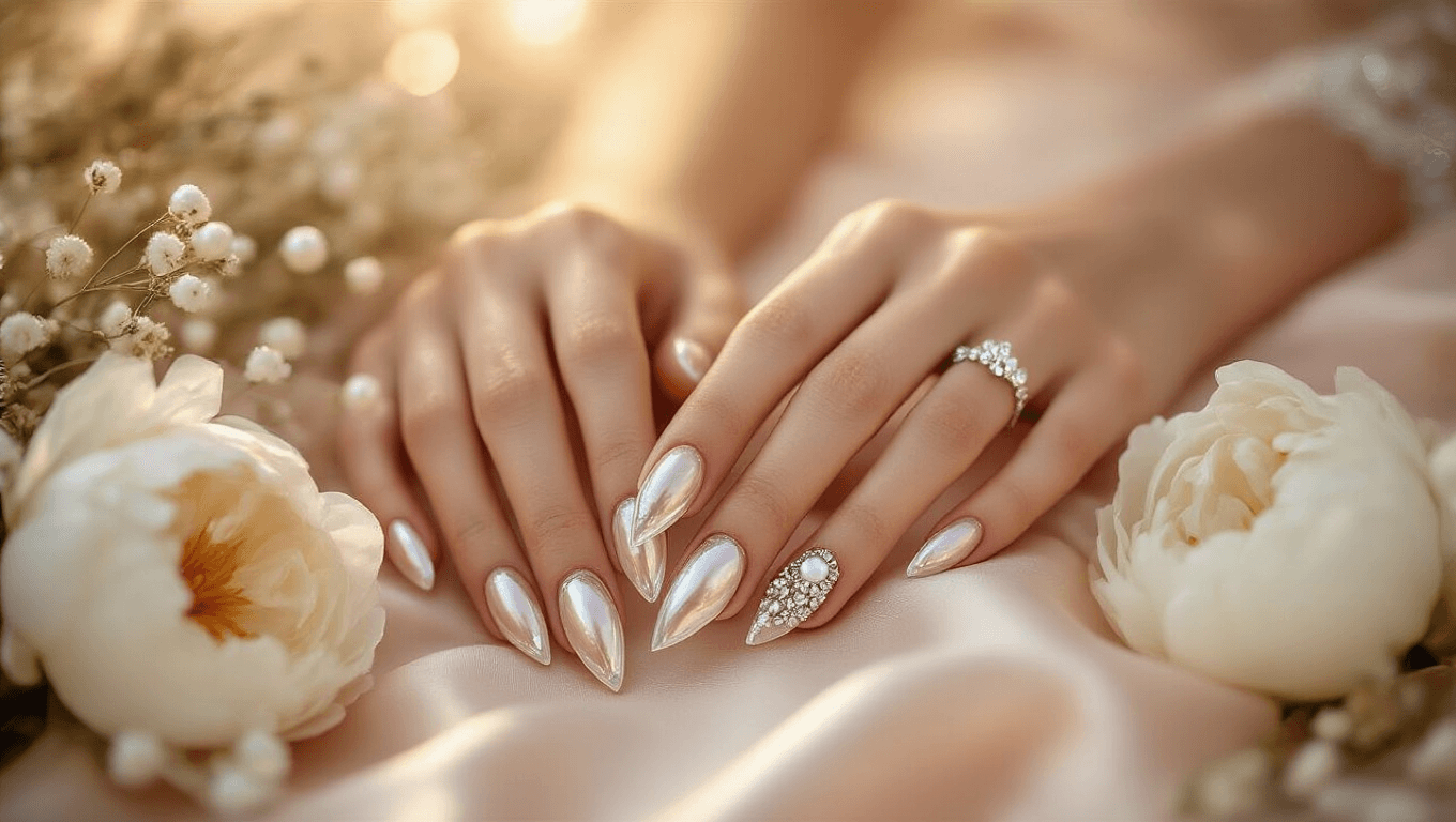 Close-up of bridal hands with glass-effect nails featuring a pearlescent finish and chrome accents, adorned with pearls and crystals, resting on blush silk with white peonies and dried flowers in a warm golden hour setting.
