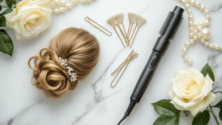 Elegant bridal hair styling essentials including hair pins, a curling iron, strong-hold hairspray, and shine serum, arranged on a clean white marble surface with fresh white roses and delicate pearl accents in soft golden lighting.