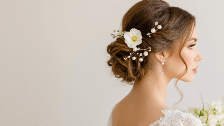 Elegant half up half down bridal hairstyle with soft waves, pearl hair pins, and fresh white flowers on a clean white background with warm lighting.
