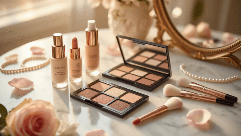 Elegant marble vanity showcasing bridal makeup essentials, including primer, waterproof foundation, neutral eyeshadow palette, rose gold brushes, setting spray, and lipstick, surrounded by rose petals and a pearl necklace, under warm golden hour lighting.