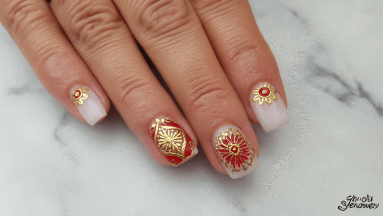 Bridal mandala nail art featuring red and gold accents on a marble background.