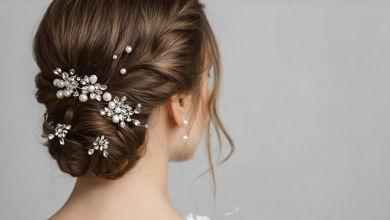 Elegant bridal updo adorned with pearl pins and crystal accessories, set against a clean background.