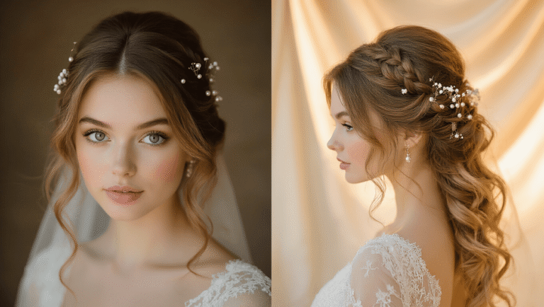 A bride with soft half-up half-down waves, adorned with delicate pearl hair pins and baby's breath, captured in warm golden hour lighting, highlighting intricate braids and face-framing tendrils in a luxurious bridal suite.