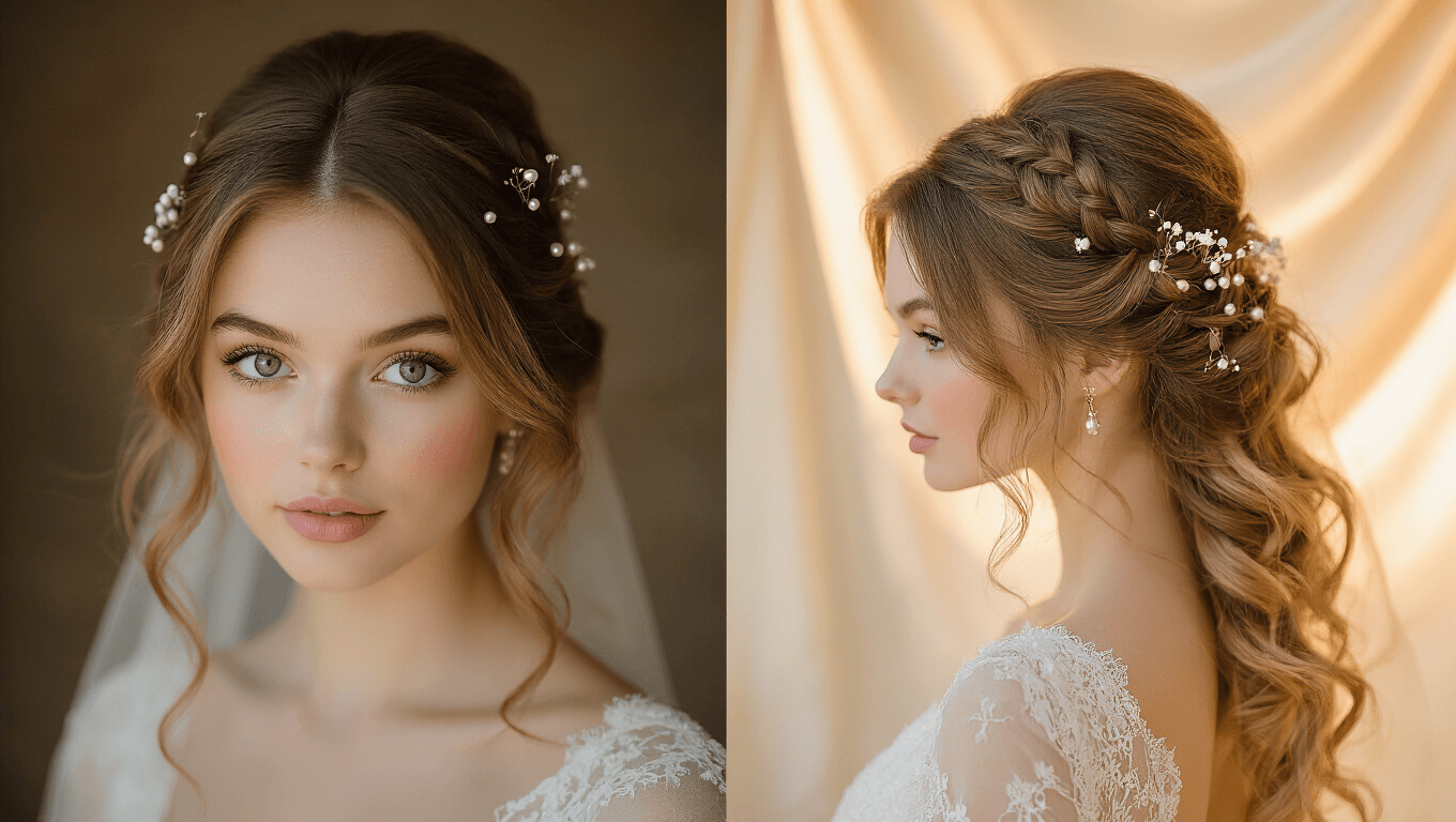 A bride with soft half-up half-down waves, adorned with delicate pearl hair pins and baby's breath, captured in warm golden hour lighting, highlighting intricate braids and face-framing tendrils in a luxurious bridal suite.