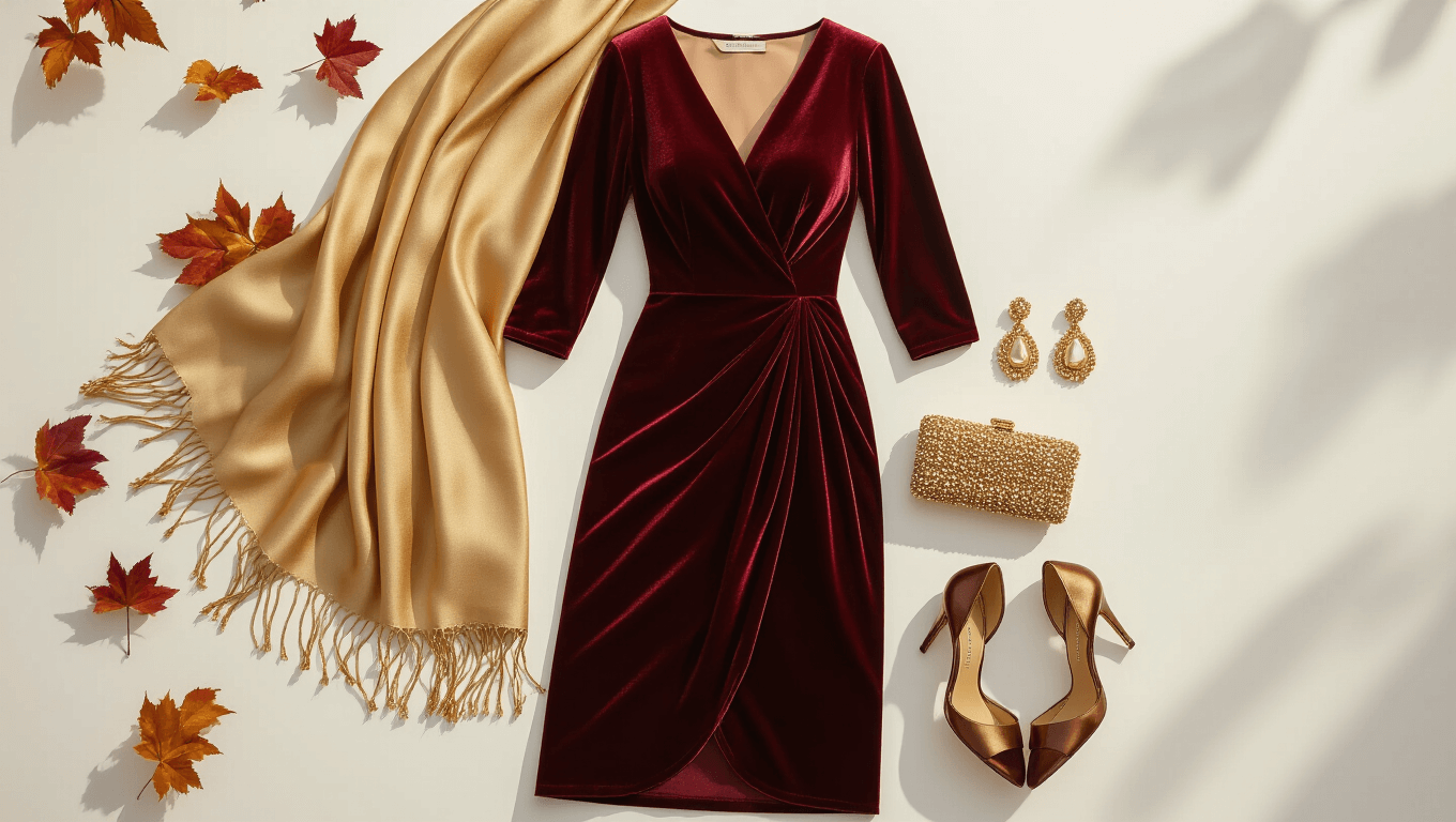 Elegant burgundy velvet midi dress with three-quarter sleeves, styled with a champagne silk pashmina, vintage gold drop earrings, beaded clutch, and bronze block heels on a clean white background, in warm golden hour lighting highlighting rich autumn textures.