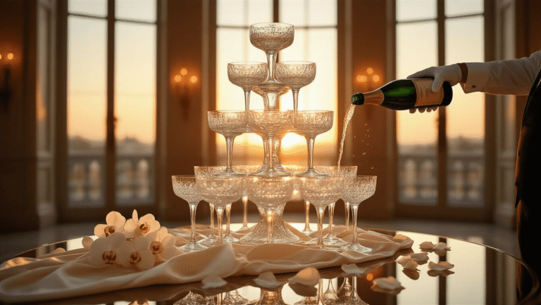 An elegant crystal champagne tower in a grand ballroom, backlit by golden sunset light, with champagne cascading down vintage flutes, surrounded by white orchids and rose petals on a mirrored table, as a sommelier pours champagne from a magnum bottle.