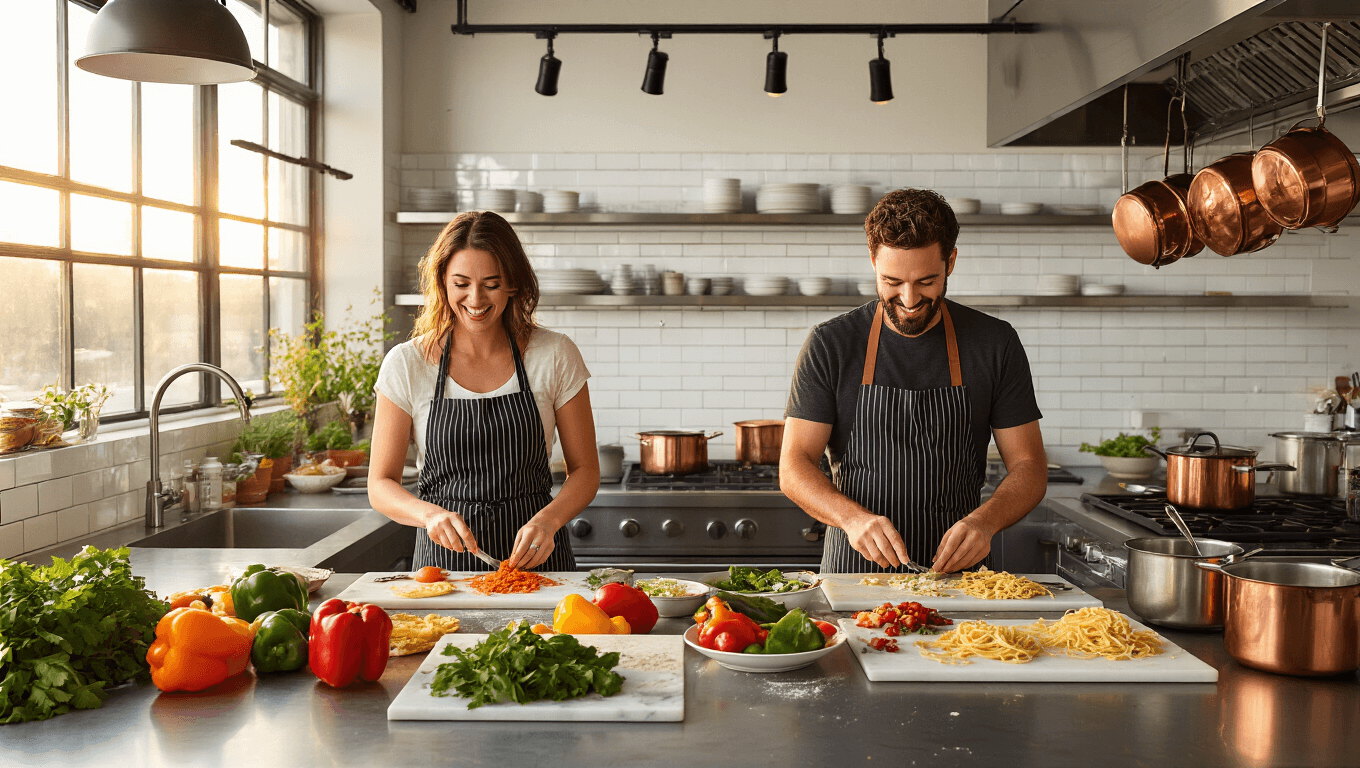 A wide-angle shot of a modern industrial kitchen with two couples cooking together, surrounded by colorful ingredients and warm lighting, capturing a lively and interactive culinary experience.