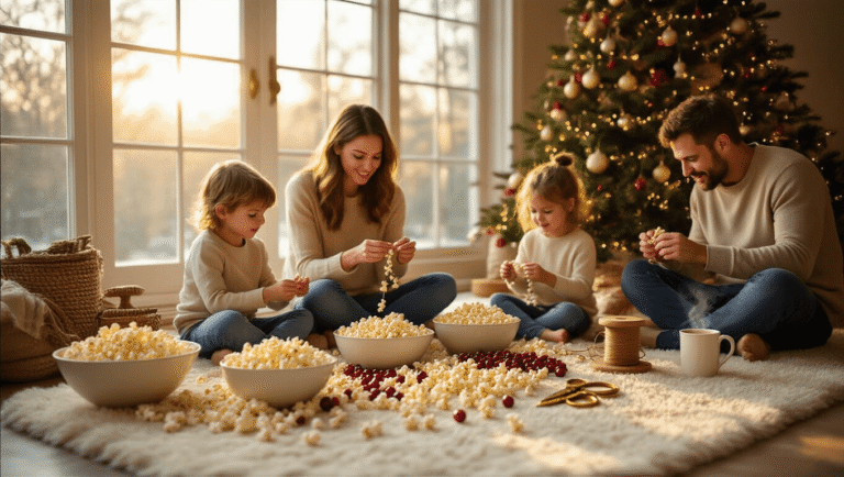 A cozy family scene of a mother and two children crafting popcorn garland with bowls of popcorn and cranberries on a plush rug, while a father decorates a Christmas tree, all bathed in warm golden hour light.