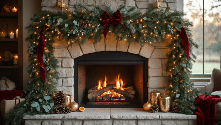 A cozy stone fireplace adorned with a luxurious evergreen garland, featuring fairy lights, red velvet ribbons, and vintage ornaments, with a crackling fire and deep leather armchairs, creating a warm, inviting atmosphere at golden hour.