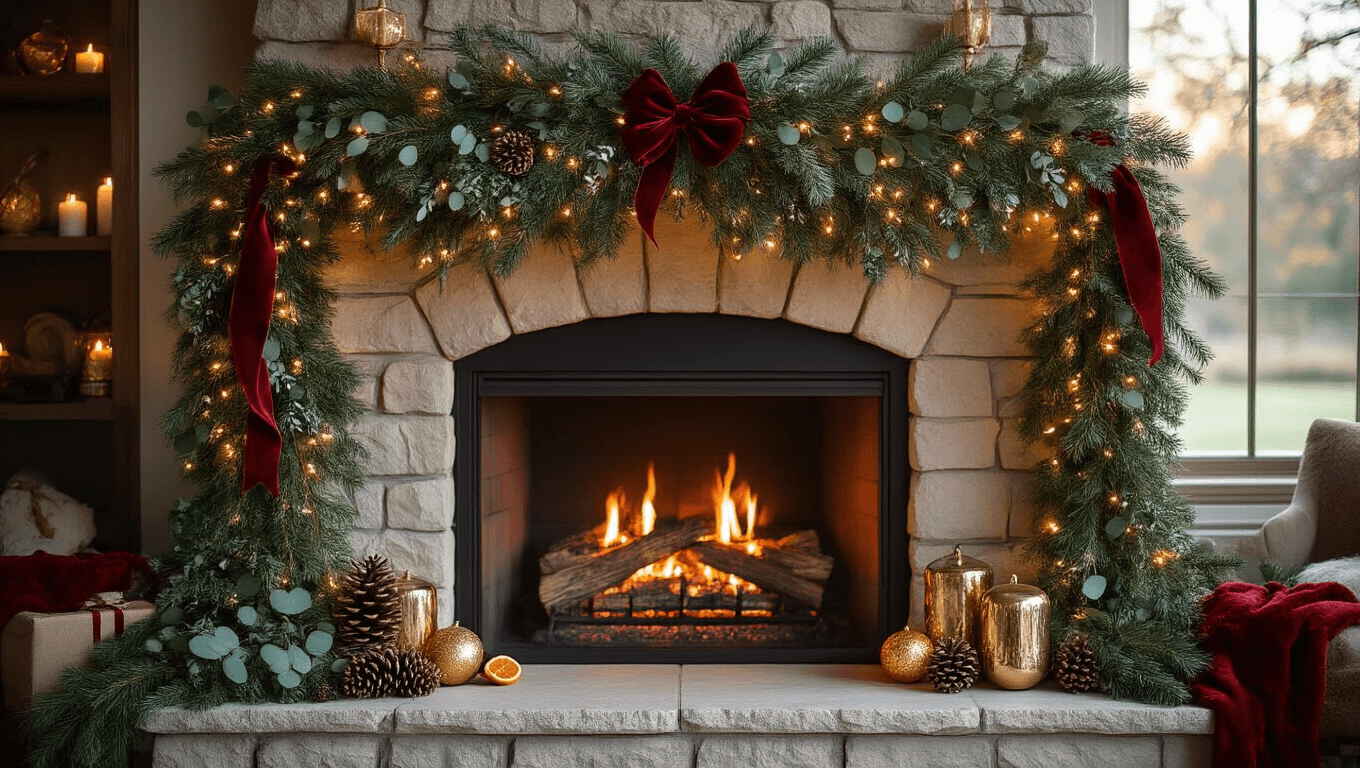 A cozy stone fireplace adorned with a luxurious evergreen garland, featuring fairy lights, red velvet ribbons, and vintage ornaments, with a crackling fire and deep leather armchairs, creating a warm, inviting atmosphere at golden hour.