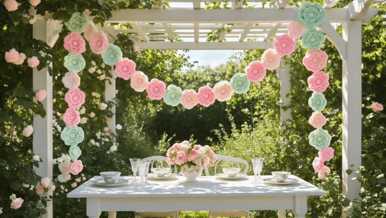 A sunlit garden party featuring a 20-foot crochet flower garland in pastel pink and mint green draped across a pergola, casting shadows on a vintage table set with china and crystal glassware, surrounded by greenery and climbing roses, under a clear blue sky.