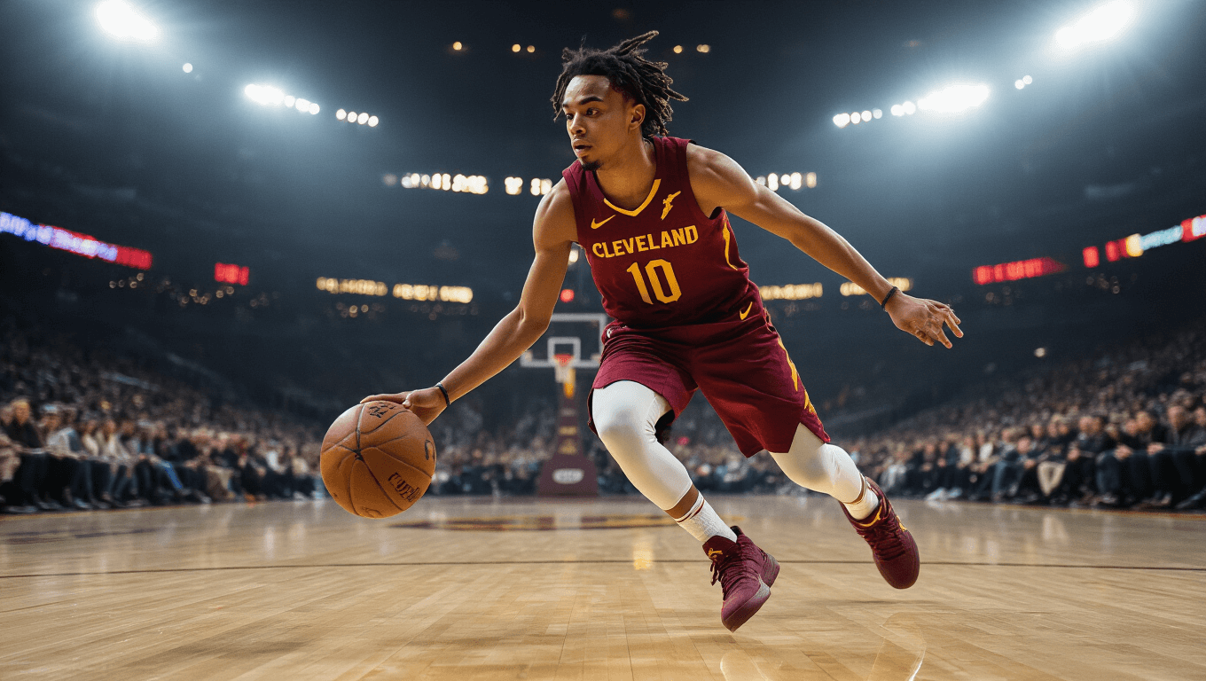 Cinematic action portrait of Darius Garland mid-crossover in Cleveland Cavaliers uniform, showcasing dynamic motion and intense athleticism on a hardwood court, with dramatic lighting and blurred basketball effects.