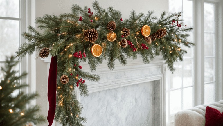 A luxurious living room decorated for Christmas, featuring a handcrafted evergreen garland on a white marble fireplace mantel, with fairy lights, dried orange slices, and vintage ornaments, captured in warm natural light during golden hour.