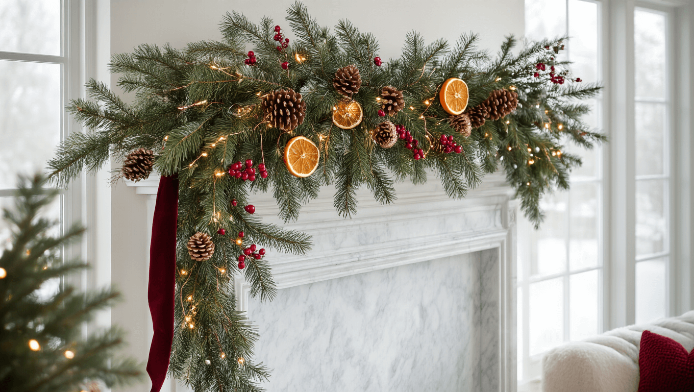 A luxurious living room decorated for Christmas, featuring a handcrafted evergreen garland on a white marble fireplace mantel, with fairy lights, dried orange slices, and vintage ornaments, captured in warm natural light during golden hour.