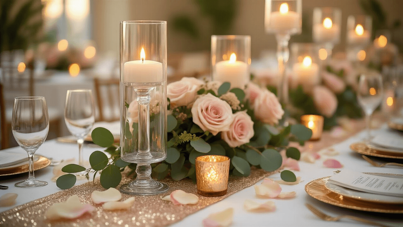 Elegant wedding reception centerpiece featuring layered Dollar Tree elements, including tall glass hurricane vases with LED candles, artificial blush roses and eucalyptus, mirror charger plates, gold votive holders, glittery table runner, and scattered rose petals, all bathed in warm golden hour light.
