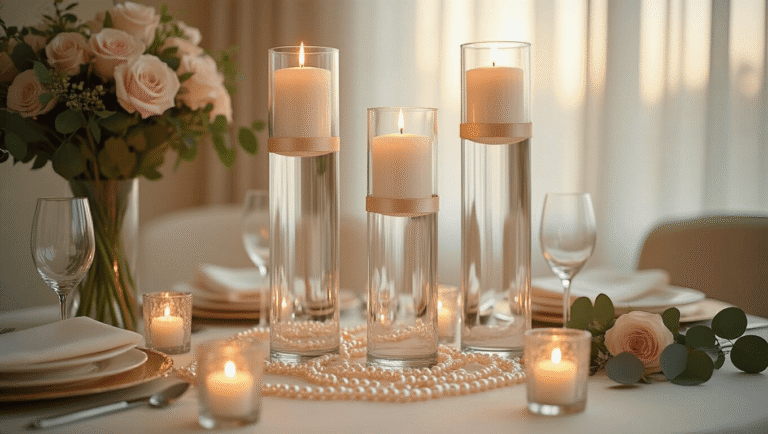 Elegant wedding tablescape featuring clear glass vases with floating candles, pearl strands, and blush pink flowers on ivory linens, accented with mercury glass and rose gold details, illuminated by warm golden hour light.