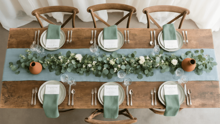 Elegant wedding tablescape featuring a dusty blue linen runner on a rustic wood table, adorned with sage green napkins, handcrafted ceramic plates, eucalyptus garland, and delicate florals, all illuminated by soft golden hour light.