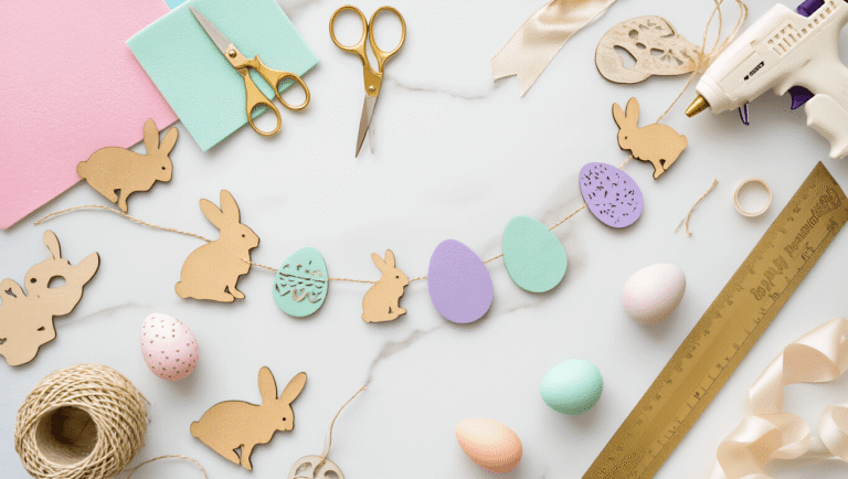 Cinematic overhead flat lay of Easter garland crafting materials on a white marble surface, featuring pastel felt sheets, golden scissors, cream twine, and a hot glue gun, with scattered wooden bunnies, hand-painted eggs, ribbons, and a partially completed garland, styled with fresh blooms and eucalyptus.