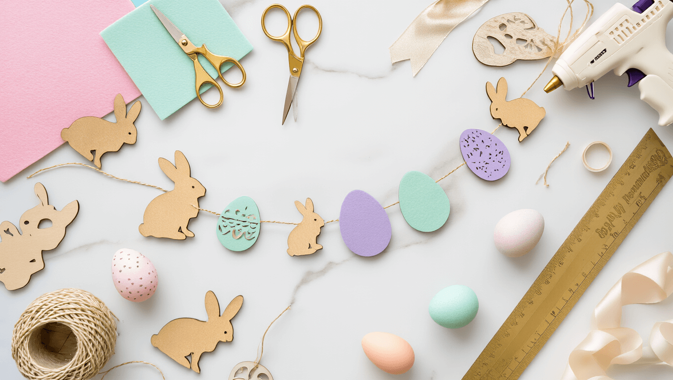 Cinematic overhead flat lay of Easter garland crafting materials on a white marble surface, featuring pastel felt sheets, golden scissors, cream twine, and a hot glue gun, with scattered wooden bunnies, hand-painted eggs, ribbons, and a partially completed garland, styled with fresh blooms and eucalyptus.