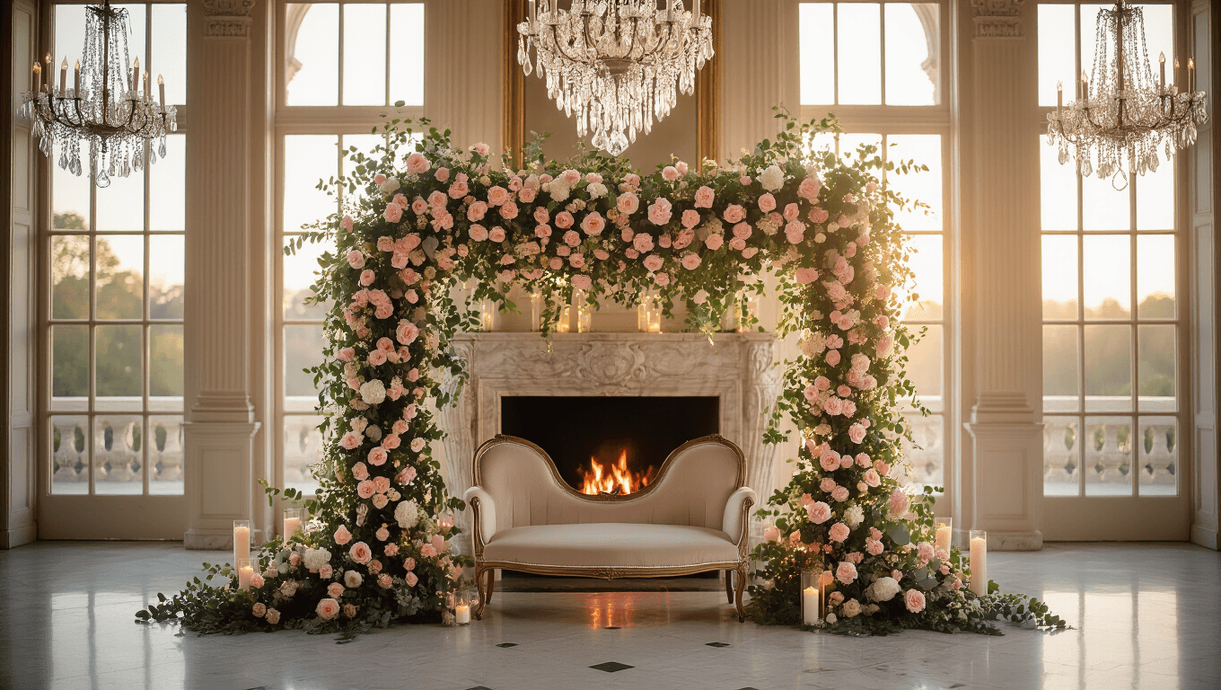 A luxurious ballroom interior featuring a cascading flower garland of blush pink roses and cream peonies draped over a marble fireplace, illuminated by golden hour light and crystal chandeliers, with a vintage French settee in the foreground.