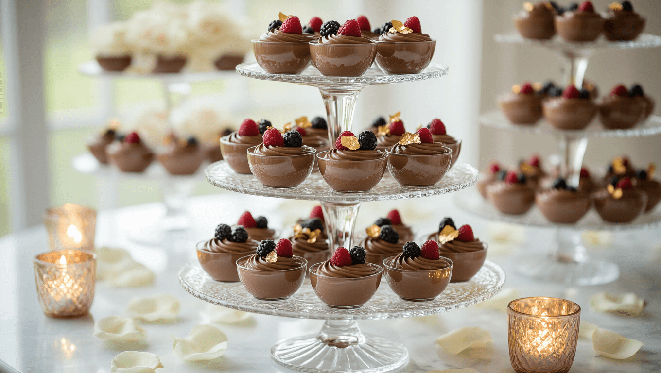 A luxurious wedding dessert display featuring tiered crystal stands of individual chocolate mousse cups, garnished with gold leaf and fresh berries, on a marble table adorned with rose petals and tea lights, captured in soft natural light with elegant reflections.