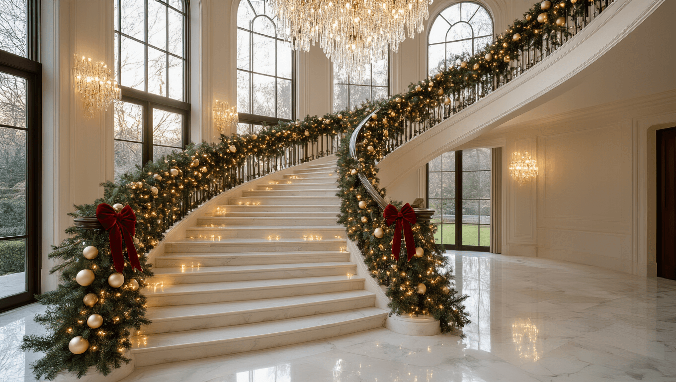 A luxurious curved marble staircase adorned with a lush Christmas garland, featuring artificial pine, eucalyptus, warm LED lights, and metallic ornaments, all illuminated by crystal chandeliers during golden hour.