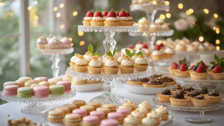 A luxurious dessert buffet display featuring multi-tiered crystal cake stands with pastel macarons, chocolate-dipped strawberries, and bite-sized cupcakes, all set against an ethereal bokeh background of fairy lights.