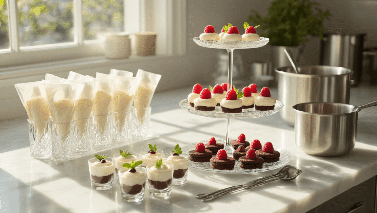 Photorealistic view of a sunlit professional kitchen with a marble countertop, featuring crystal shot glasses, piping bags with mascarpone cream and chocolate mousse, and a tiered glass tray of dessert shooters layered with cookie crumbs, cream, raspberries, and mint, all illuminated by soft natural light.