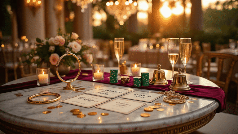 A luxurious engagement party game setup featuring gold ring toss hoops, vintage trivia cards, emerald green casino chips, and champagne flutes on a marble table, illuminated by warm golden hour light, surrounded by romantic decor.